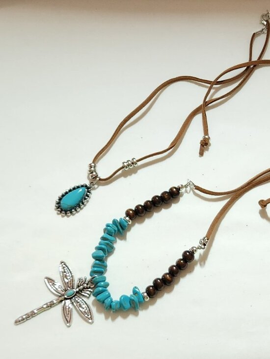 Source Unknown Jewelry - Set of two faux turquoise & leather necklaces beaded dragonfly NIP